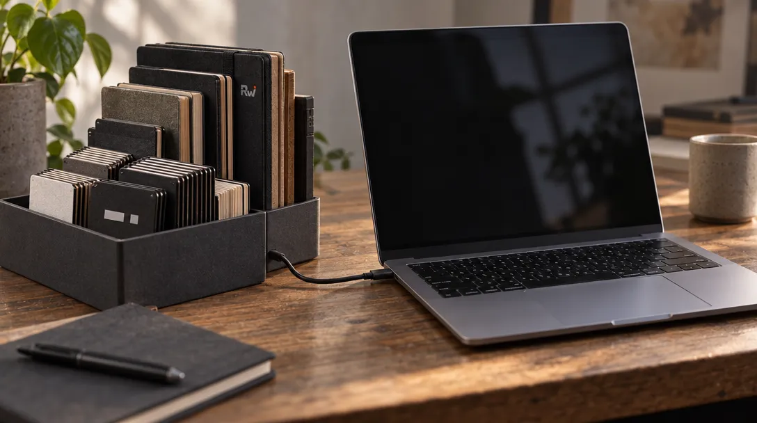 A laptop connected by cable to an organized archive of memory cards illustrates past.dev turning its agents' memory system into an API.