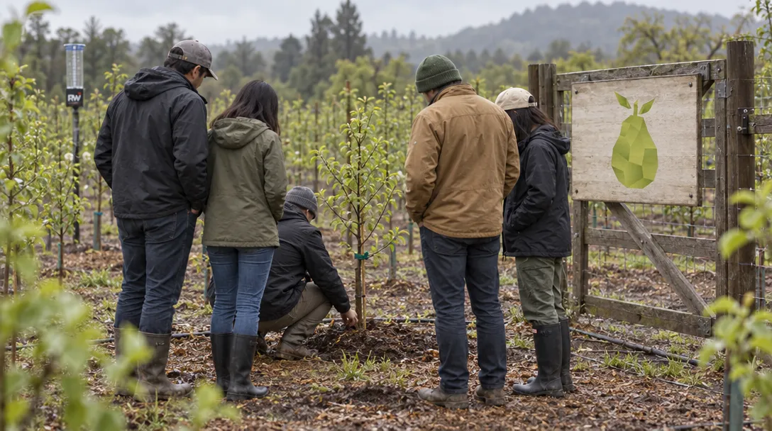 Five venture investors inspect young pear trees in a spring orchard beside a Pear VC sign.
