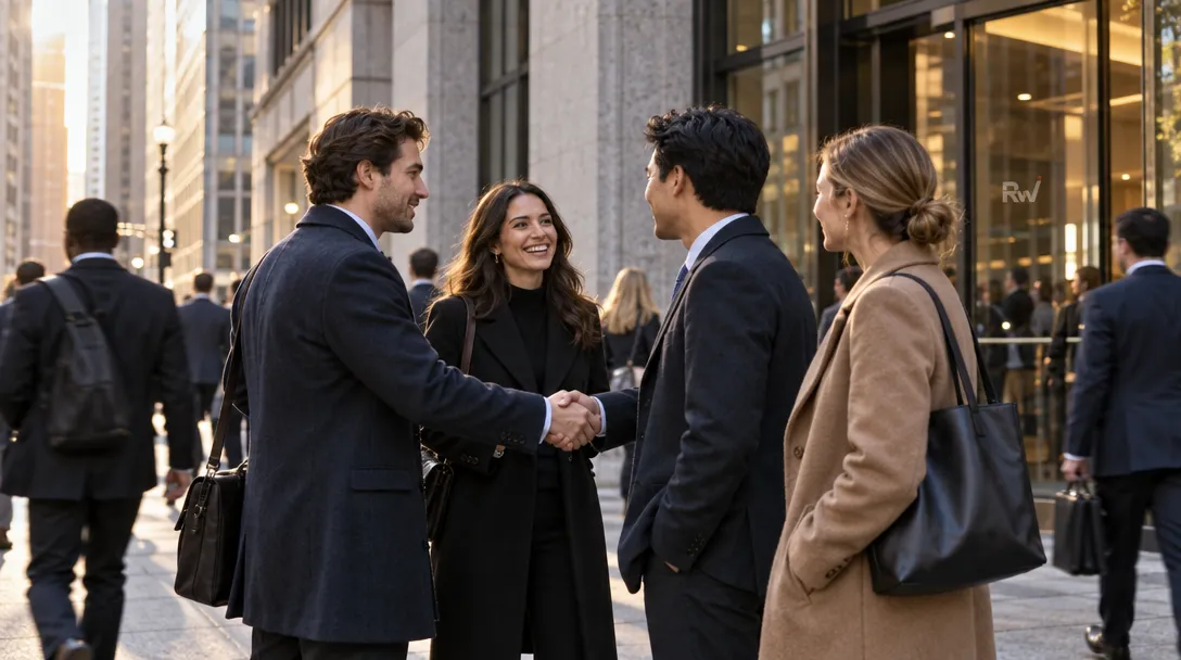 Startup founders and investors talk on a busy Manhattan sidewalk as other professionals pass by.