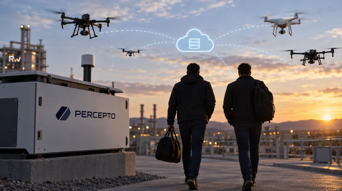 Two people walk past a PERCEPTO equipment cabinet as several drones fly overhead at an industrial facility at sunset.