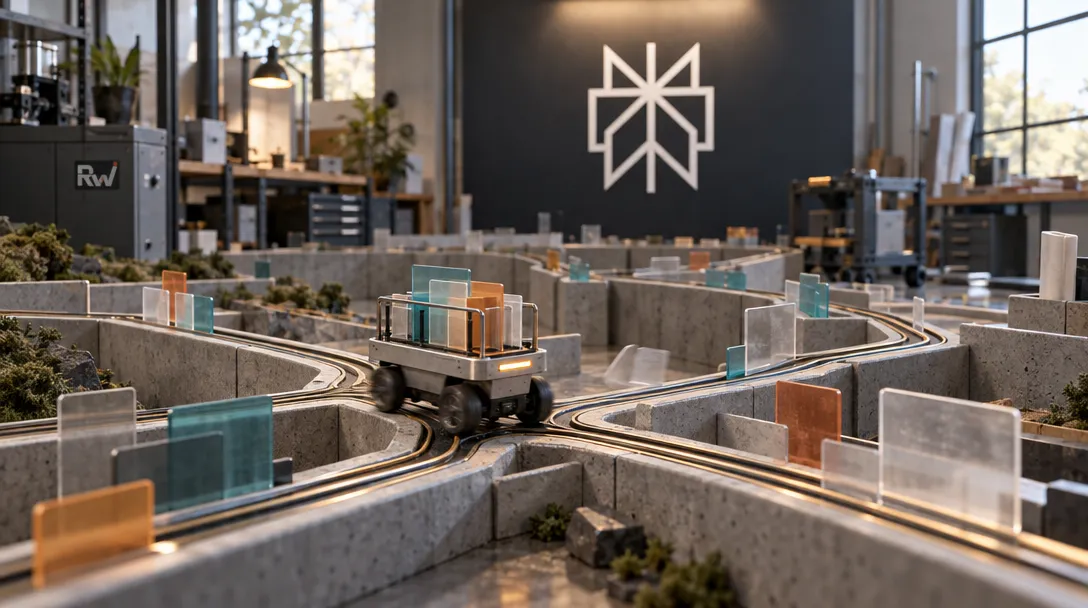 A small inspection cart travels through branching model pathways beneath a Perplexity sign.