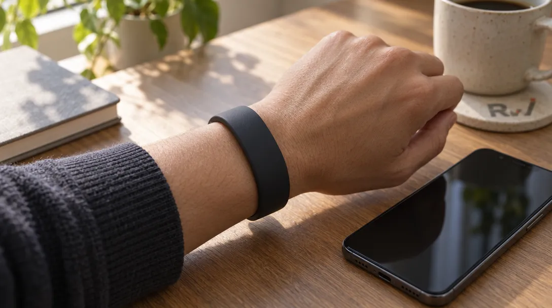 A person wearing a plain wristband rests a hand beside a smartphone, representing Persona’s planned personal assistant wearable.