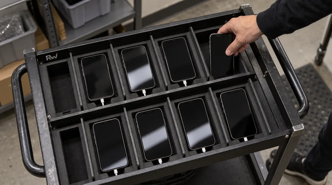 A technician places a smartphone into its own charging bay beside other individually separated phones.