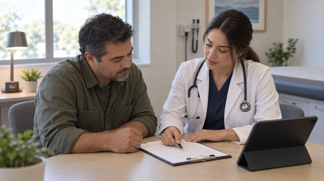 A clinician and a worker review a structured patient form beside a tablet, illustrating PhyPal’s workers’ compensation pilot.