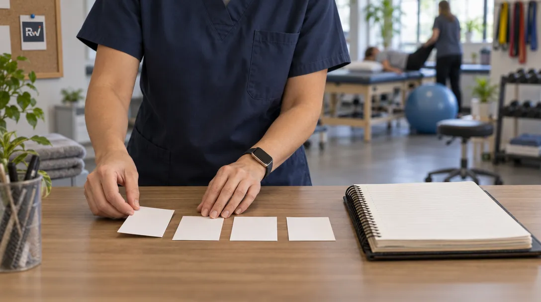 A physical therapy clinic worker arranges four blank cards beside a well-used appointment ledger, with therapy equipment in the background.