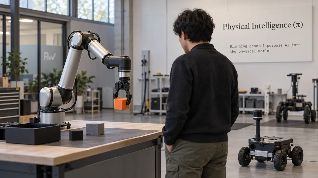 A developer stands beside a small wheeled robot as a robotic arm lifts a block in a lab marked with the Physical Intelligence logo.