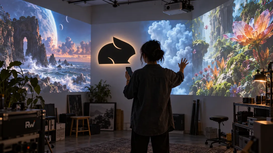 An artist holds a phone in a projection studio as colorful imagined scenes fill the walls beneath a Pika sign.