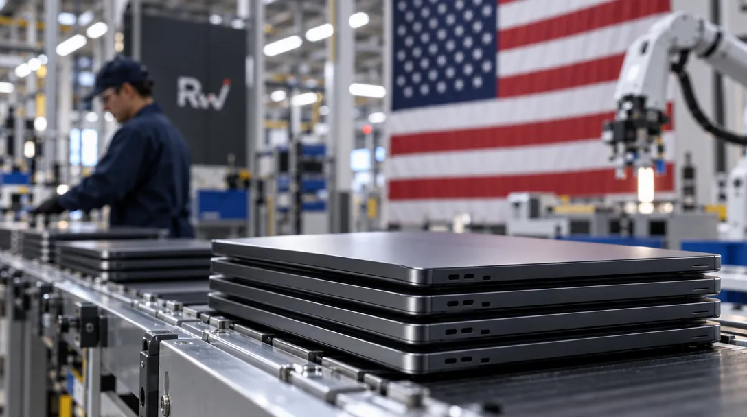Several closed laptops are stacked on a factory conveyor, with a worker, robotic arm, U.S. flag, and an “Rw” logo behind them.