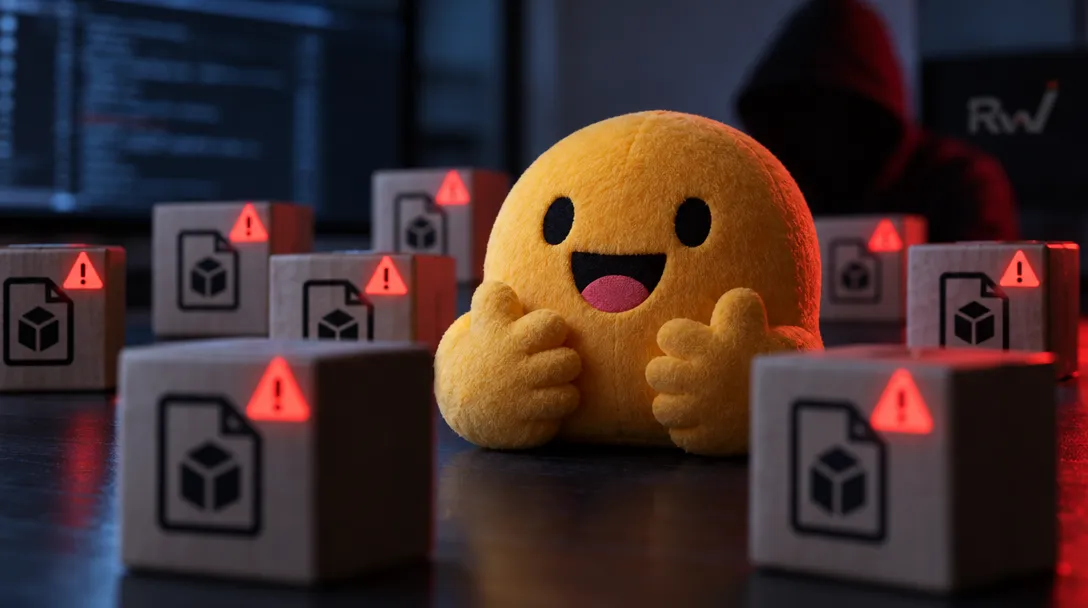 A smiling yellow plush sits among gray boxes marked with package icons and red warning triangles, with a hooded figure and computer screens behind it.
