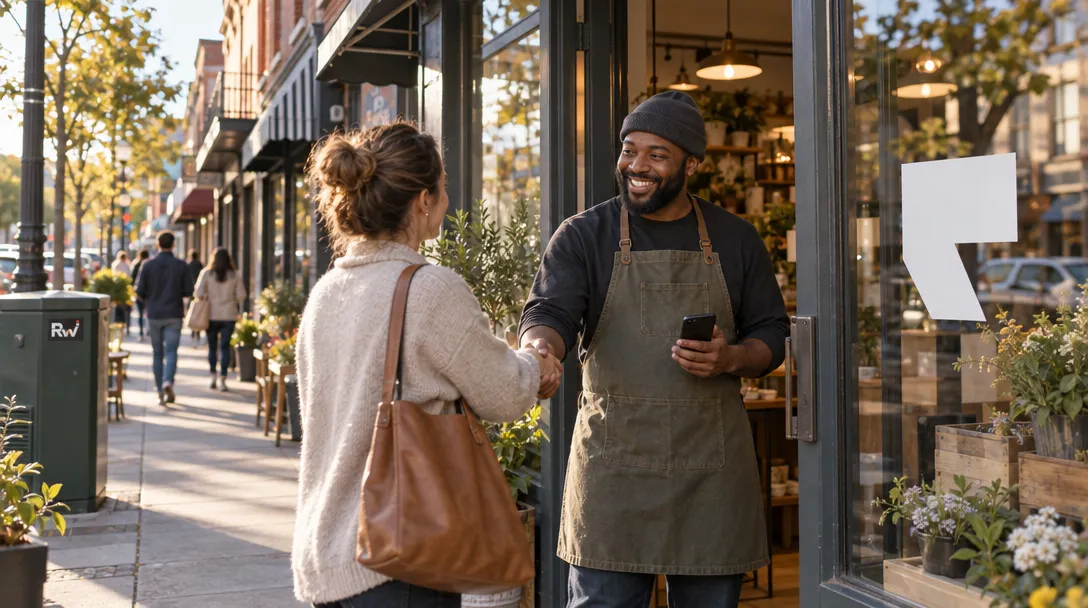 A neighborhood shop owner greets a customer beneath a Podium window decal, with other local businesses along the street.