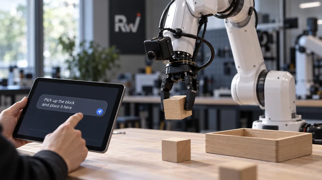 A white robotic arm grips a wooden block as a person taps a tablet reading “Pick up the block and place it here”; a wooden box sits on the table.
