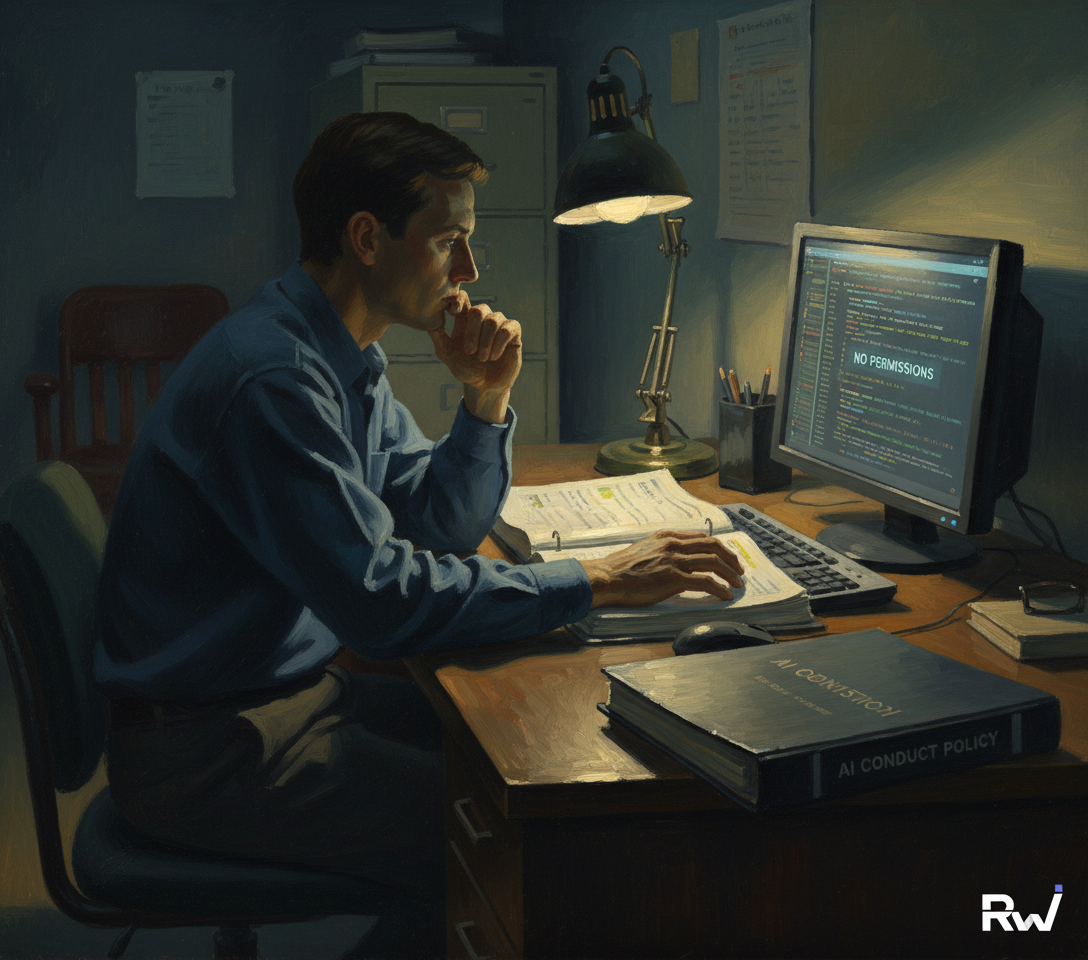A lone AI operator or developer, deep in thought, reviewing a computer screen and an open policy document (Oil painting in the manner of Edward Hopper)