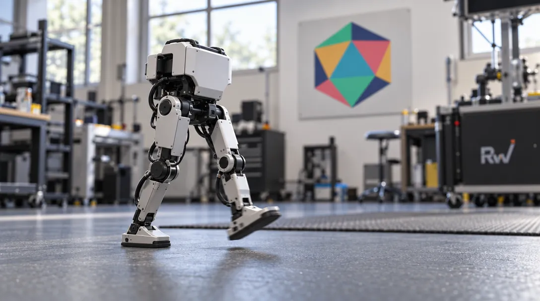 A compact biped robot takes a step across a robotics lab floor beneath a Pollen Robotics sign.