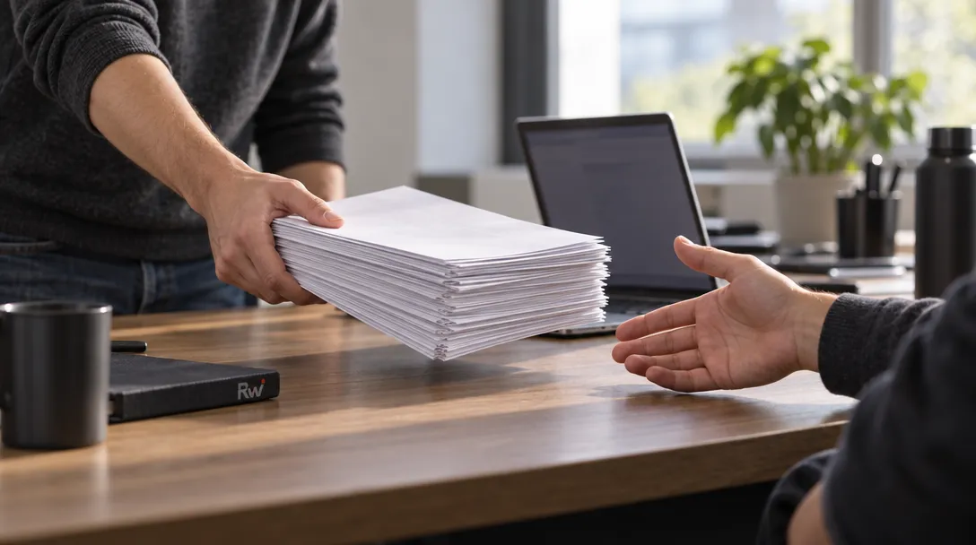 An engineer passes a stack of code-review papers beside an open laptop as a colleague reaches to take them.