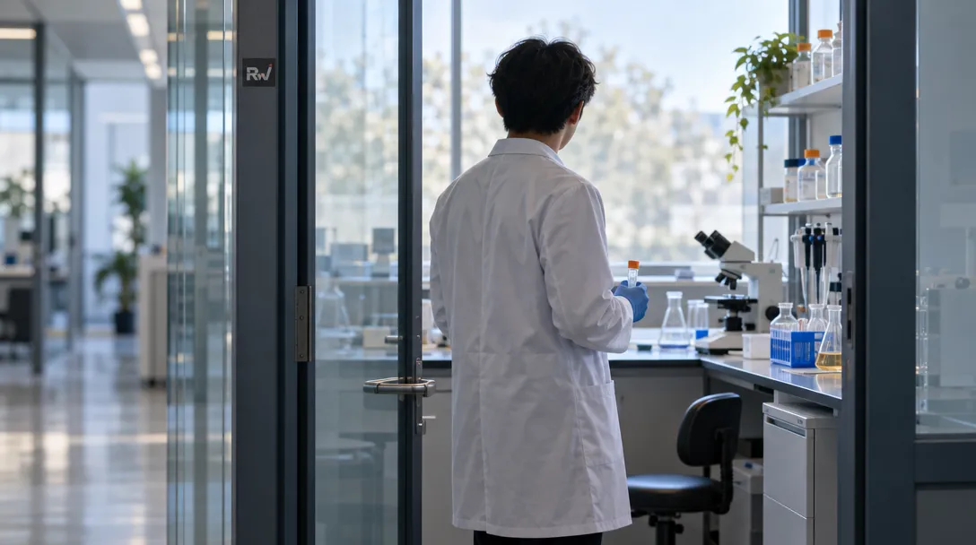A lab worker in a white coat and blue gloves holds a small vial beside a microscope and glassware.