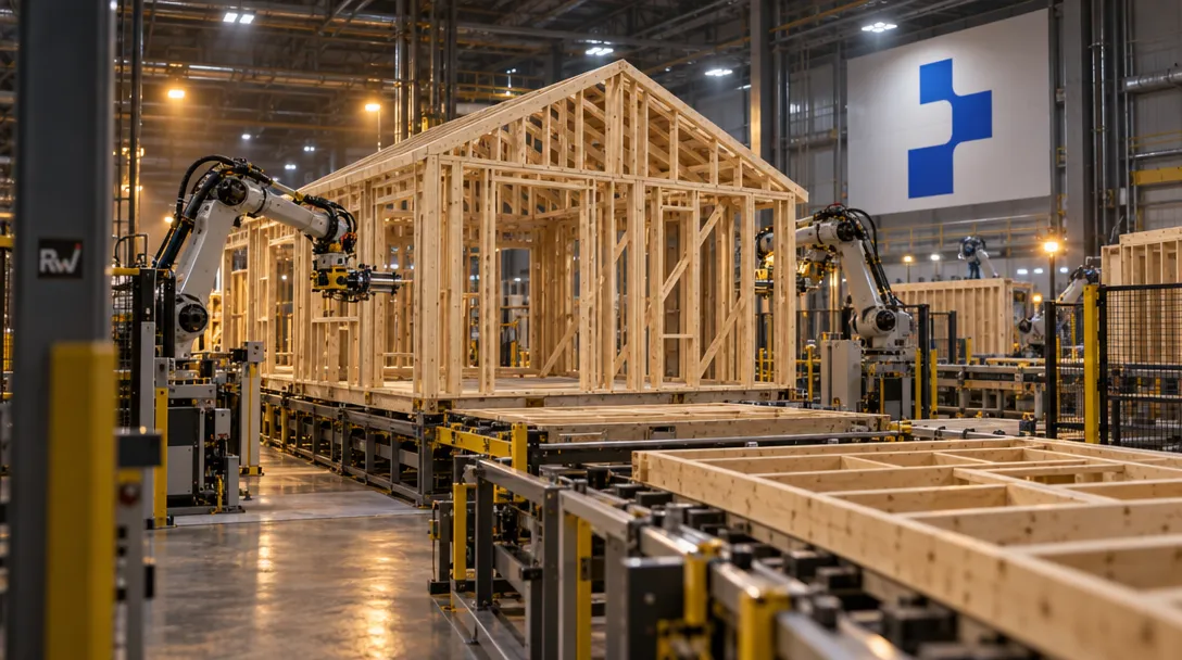 A timber home frame moves through a factory line beneath robotic equipment, with a Promise Robotics sign on the wall.