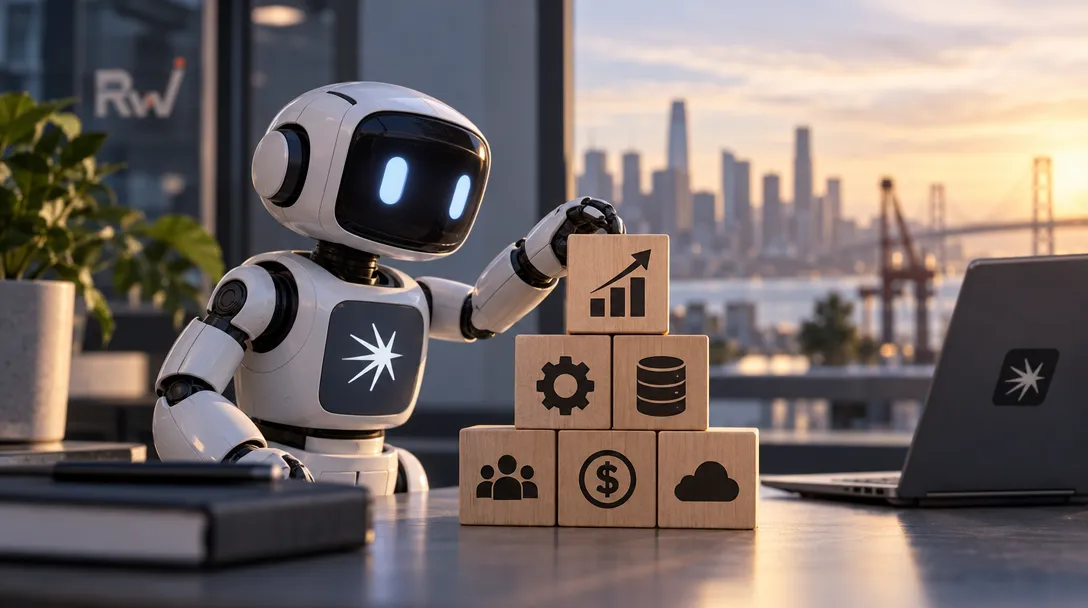 A white robot gestures toward stacked wooden blocks with business icons beside a laptop, with an “Rw” sign and city skyline behind it.
