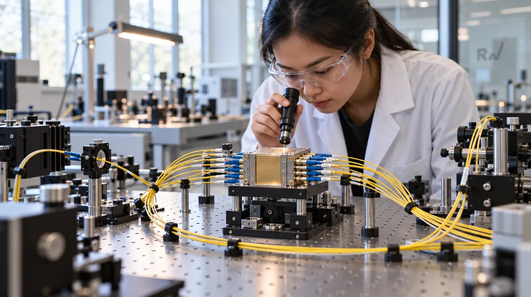 A woman in safety glasses and a lab coat peers through a microscope at an optical apparatus connected to yellow cables.