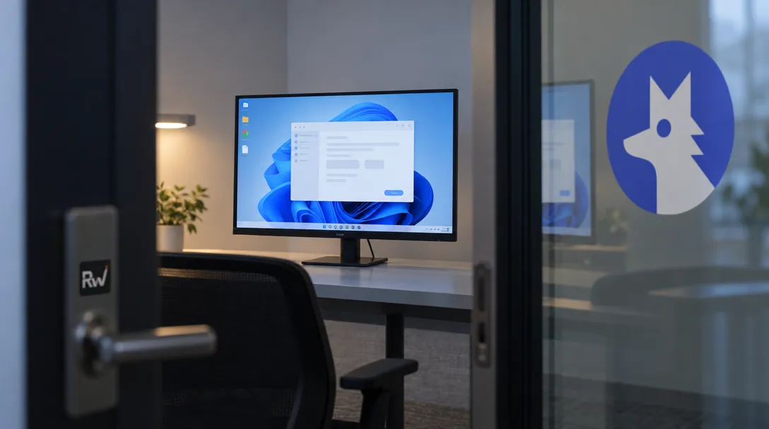 A Windows desktop test monitor is seen through a glass doorway with a QAWolf decal beside it.