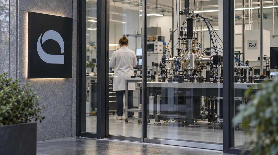A Quantinuum sign stands beside a laboratory window showing trapped-ion research equipment and a researcher.