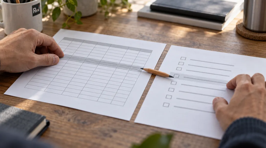 An analyst’s hands align a spreadsheet-style data mapping with a plain test checklist on a desk.