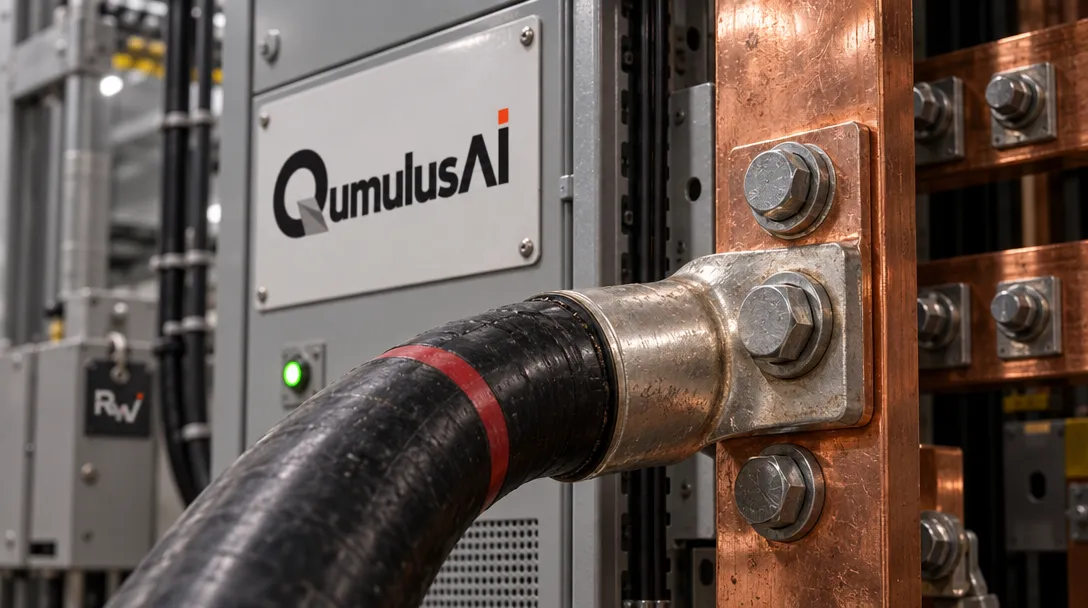 A QumulusAI sign hangs above a heavy cable connection on power-distribution equipment in a data-center utility room.