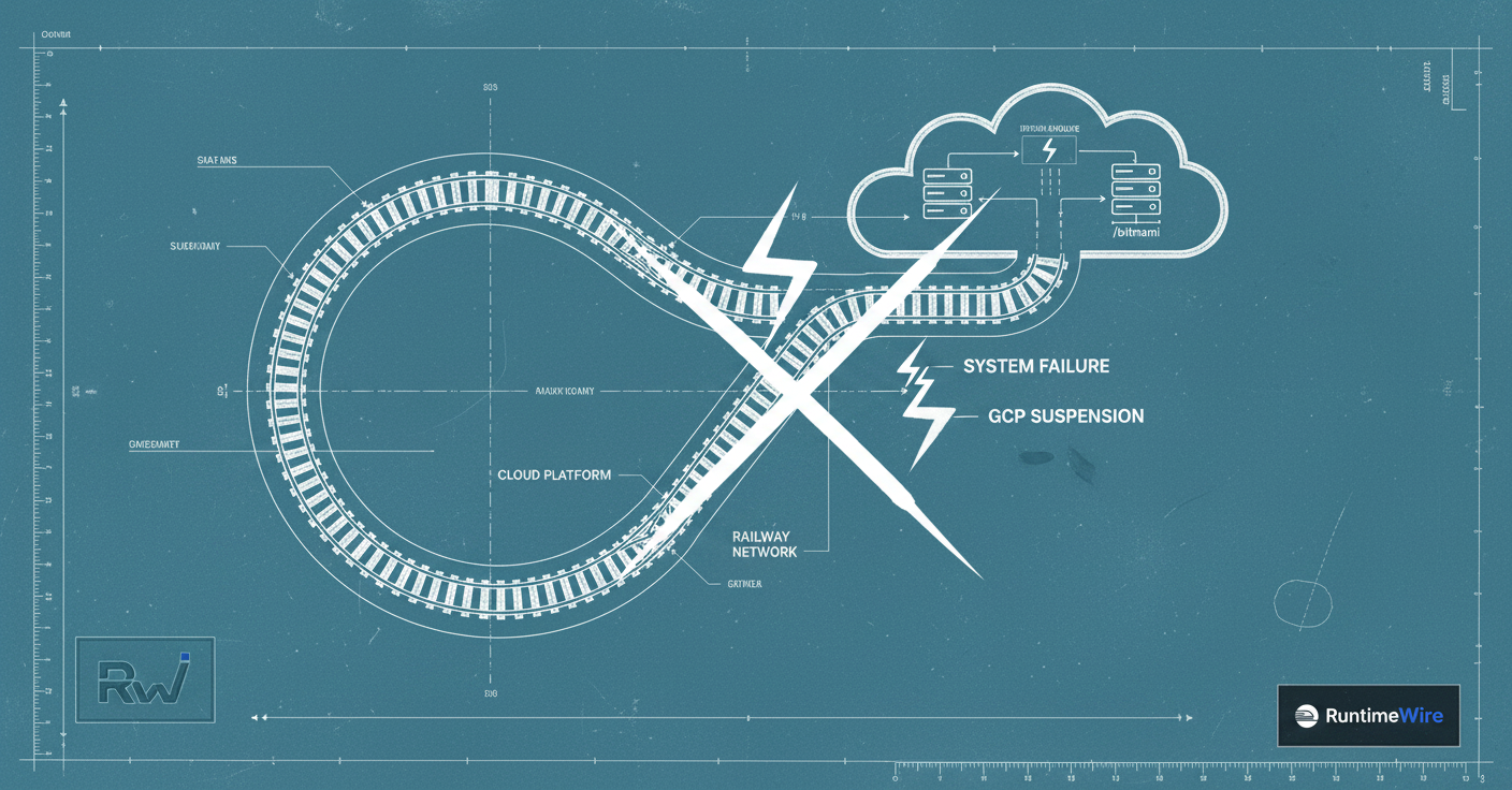 A technical blueprint of a railway network encountering a critical system failure within its cloud infrastructure. (Architectural drafting blueprint — white linework on cyanotype blue paper, with technical annotations and ruler marks.)