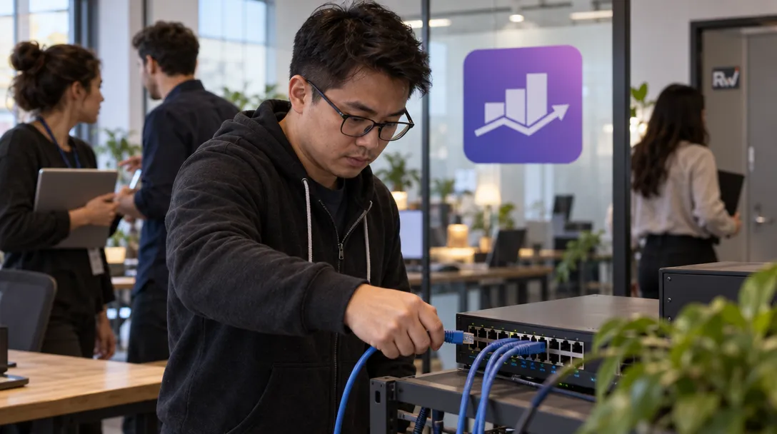 A technician disconnects a network cable in a busy web-publishing workspace with a Rank Math logo on the glass partition.