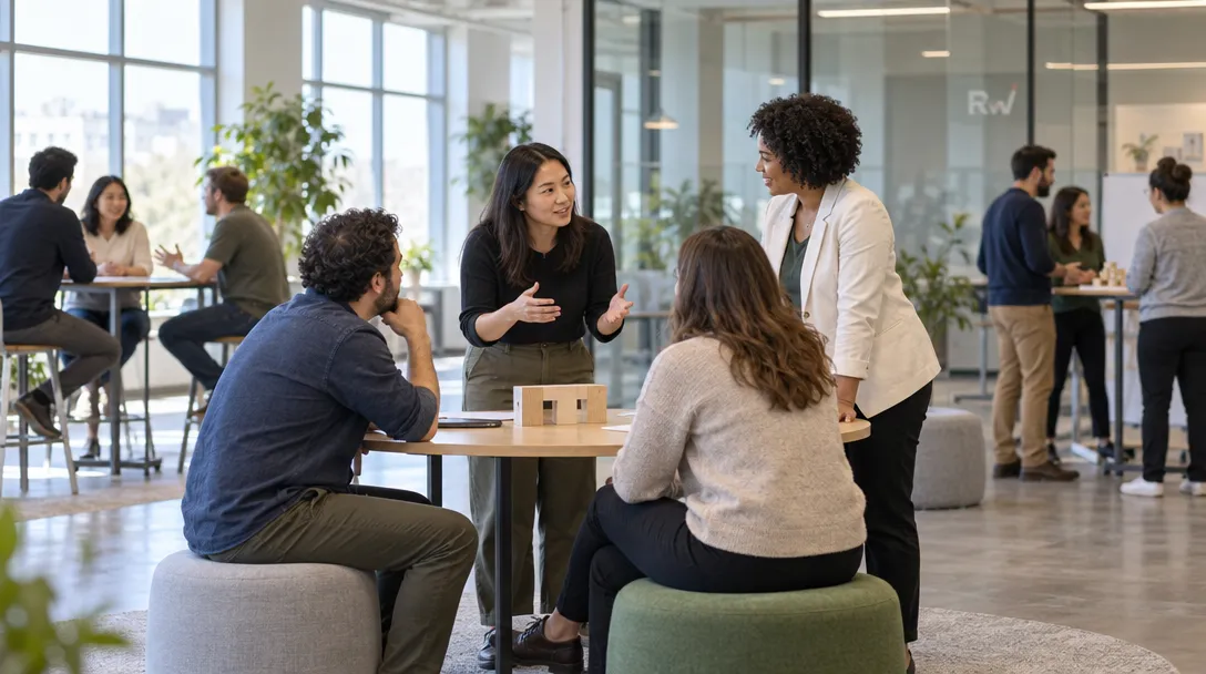Four people talk around a table with wooden blocks in a bright office, with “Rw” lettering on the glass.