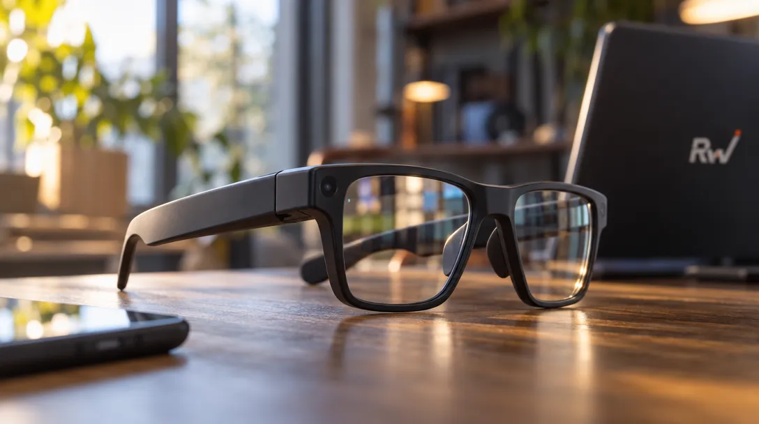 Black glasses with a small camera rest on a wooden desk beside a phone and a laptop marked “Rw.”