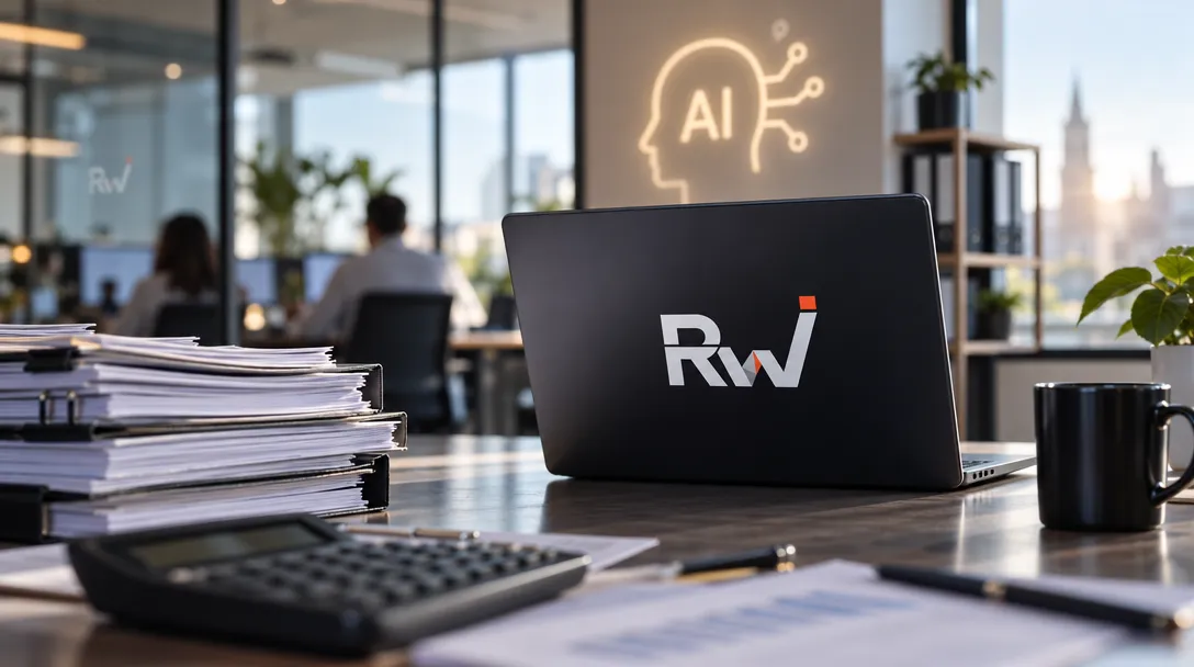 An open laptop bearing an “RW” logo sits beside paperwork, a calculator and a mug, with an illuminated “AI” sign behind it.