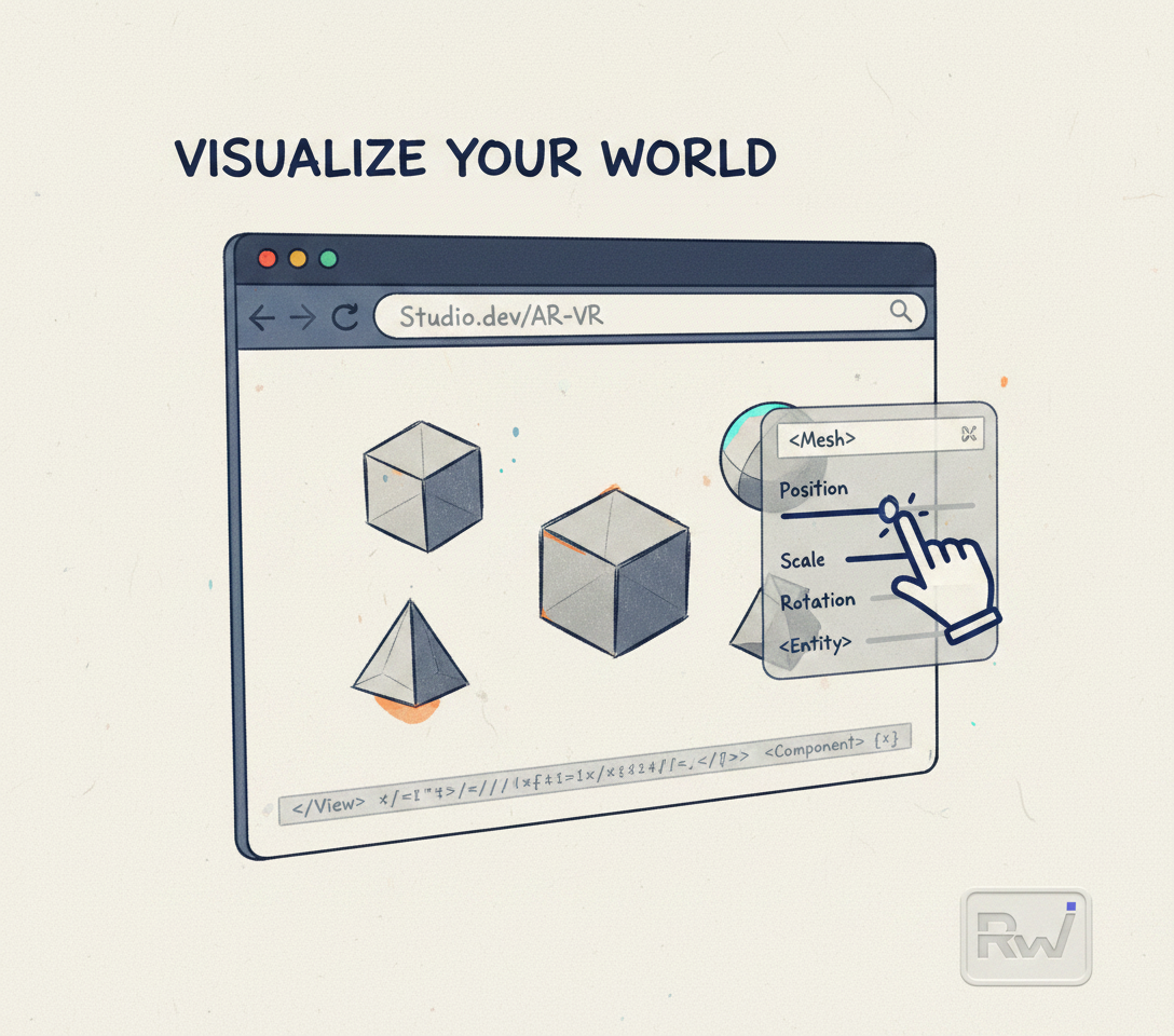 A stylized web browser window displaying abstract 3D geometric forms, with a cursor or hand icon interacting with them as if editing their properties via embedded UI controls. (Hand-drawn editorial illustration)