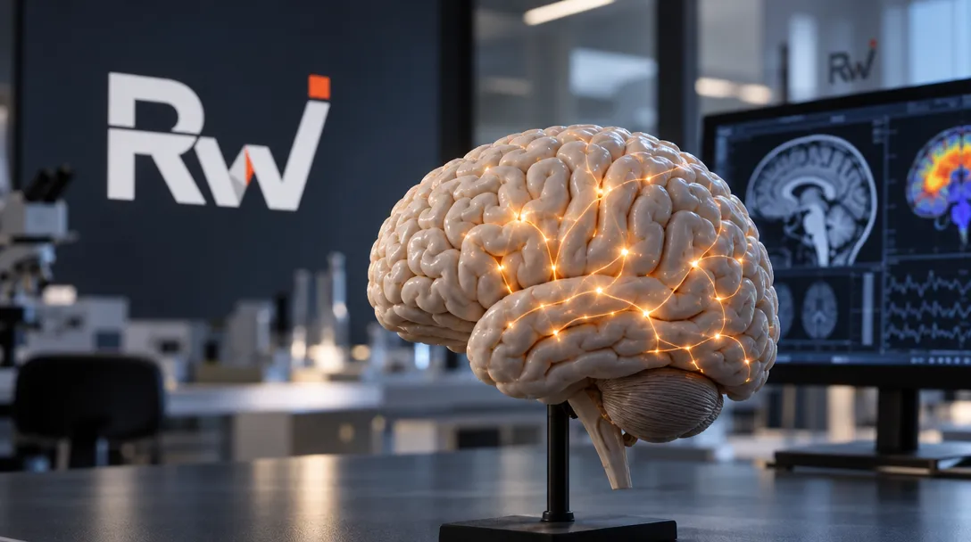 A brain model with glowing orange lines sits on a stand beside a monitor displaying brain scans, beneath an RW logo.