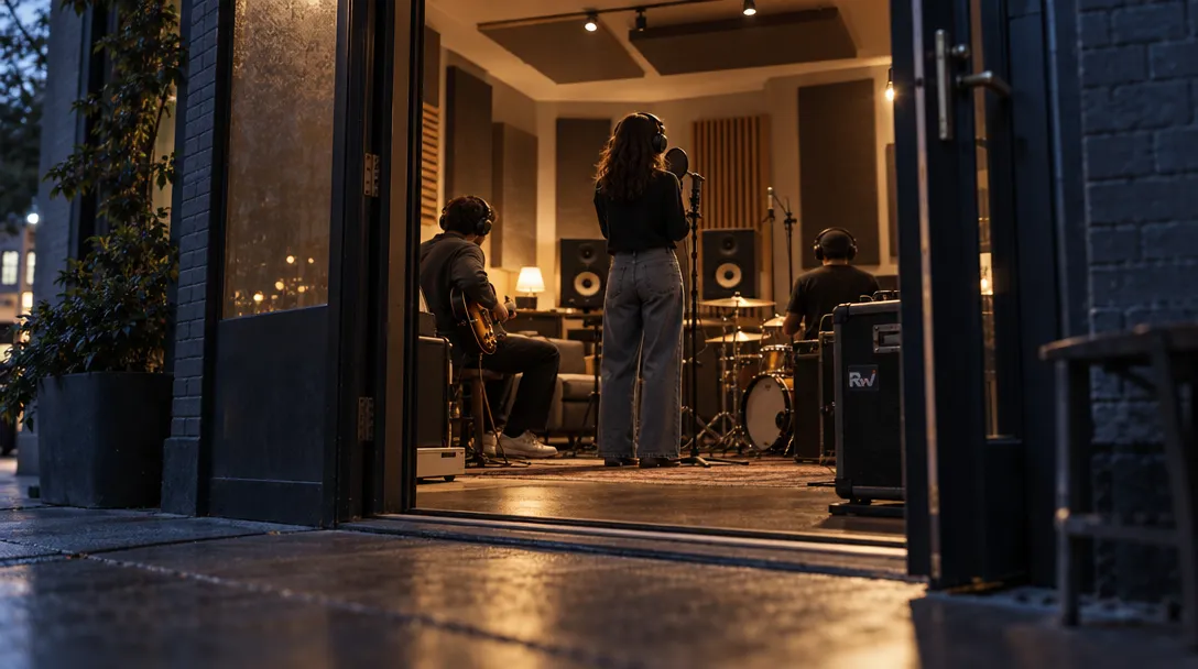 A vocalist stands at a microphone while a seated guitarist and drummer play in a studio; an equipment case bears an RW logo.