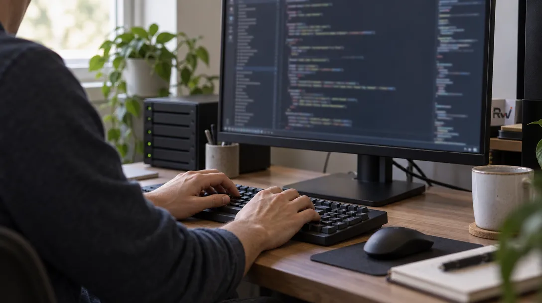 An engineer works at a computer beside a small server, illustrating Readyset’s SQL rewrite pipeline for turning queries into live caches.