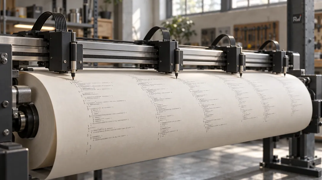 Several small plotter heads write source code across a moving paper roll, illustrating Reason’s coding agents.