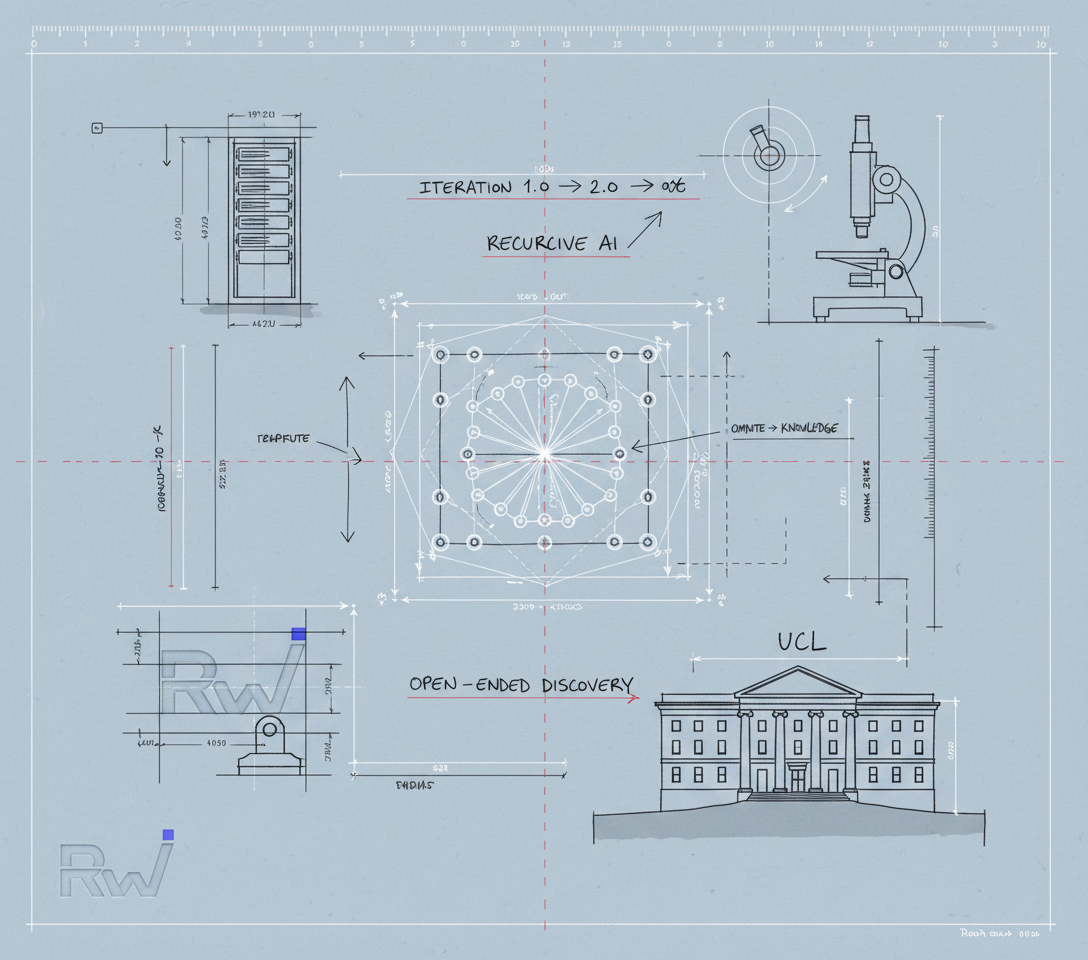 An intricate, evolving blueprint diagram representing a self-improving AI system (Architectural drafting blueprint with hand-drawn annotations, ruler marks, and technical symbols)