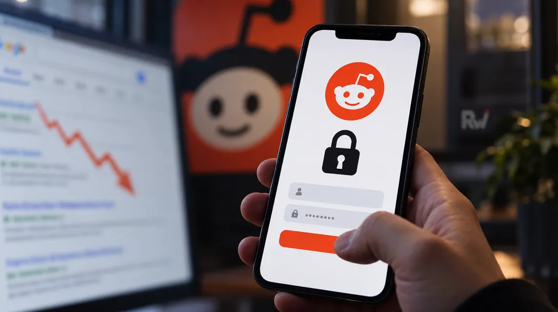 A hand holds a phone showing the Reddit logo, a lock, and login fields beside a monitor with a descending red arrow.