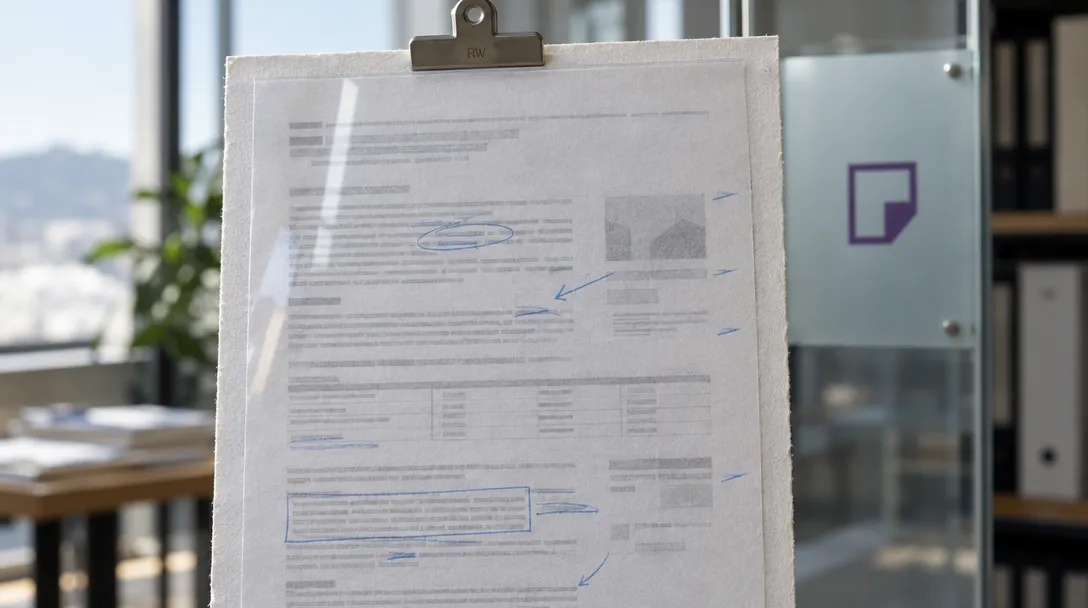 A printed document with blue handwritten marks is clipped to a board beside a purple geometric logo on glass.