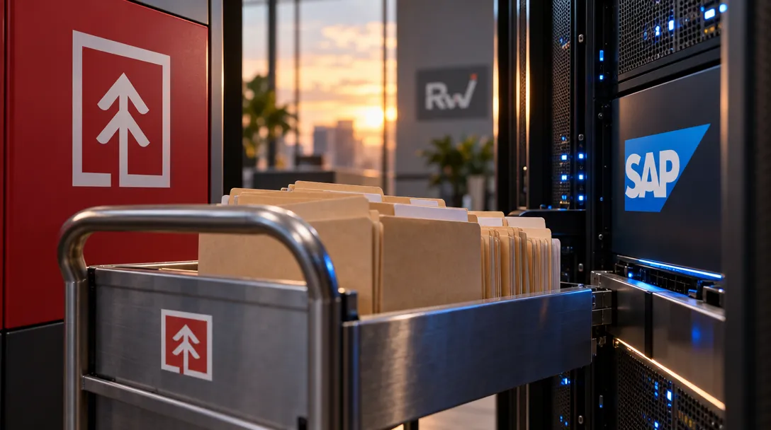 A metal cart filled with file folders stands beside server racks displaying the SAP logo and red arrow-like symbols.