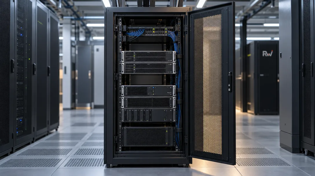 An open, unbranded server rack represents Reflection’s Beam model and its promise of locally controlled deployment.