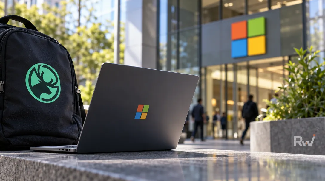 A black backpack with a green emblem sits beside a Microsoft-logo laptop, with a Microsoft sign and people outside a glass building.