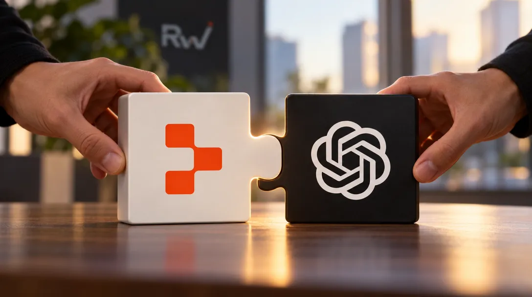 Two hands hold interlocking white and black puzzle pieces bearing an orange symbol and the white OpenAI logo.