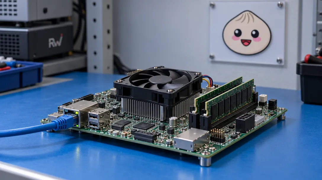 A generic network test board with memory modules and a stopped cooling fan sits beneath a Bun sign in a lab.