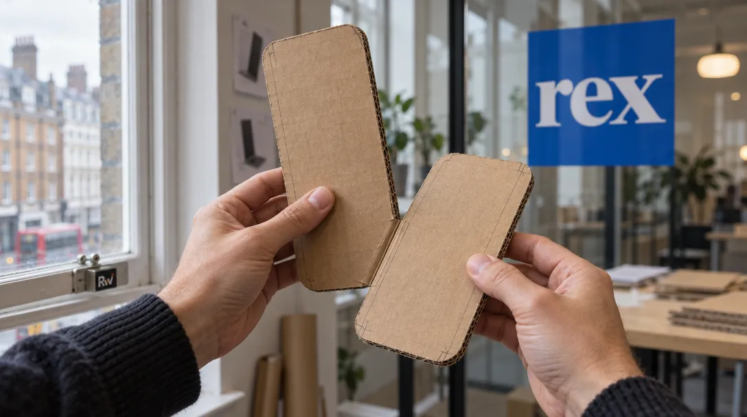 Hands test positions with life-size cardboard phone cutouts in a London studio, with a Rex logo on the glass partition.