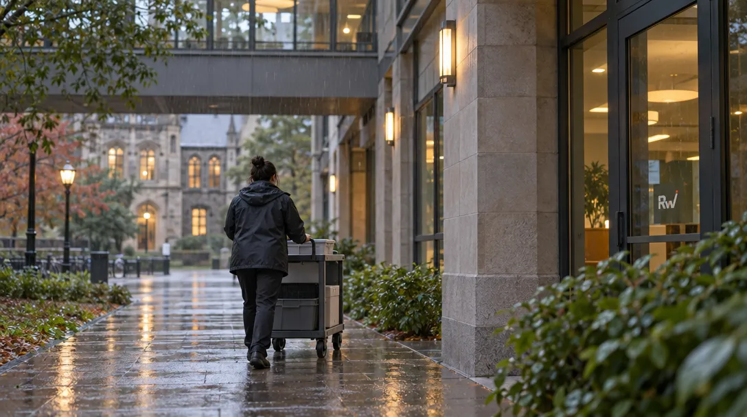 A person pushes a wheeled cart along a wet walkway beside a glass-fronted building marked “Rw.”