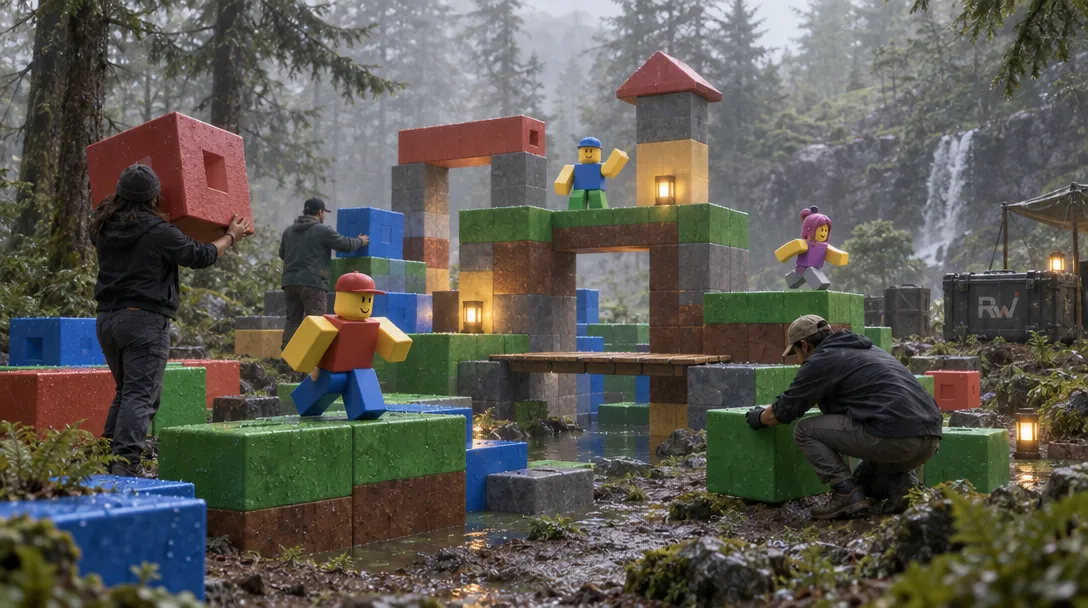 Several people arrange oversized colored blocks around blocky toy figures in a misty forest; a black crate bears the letters “RW.”