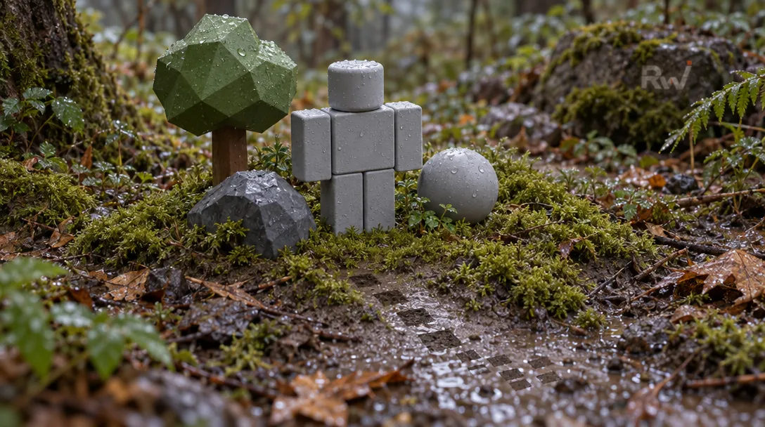 A gray block-shaped figure, green faceted shape on a post, dark rock, and gray sphere sit among wet moss and leaves; “Rw” appears at upper right.