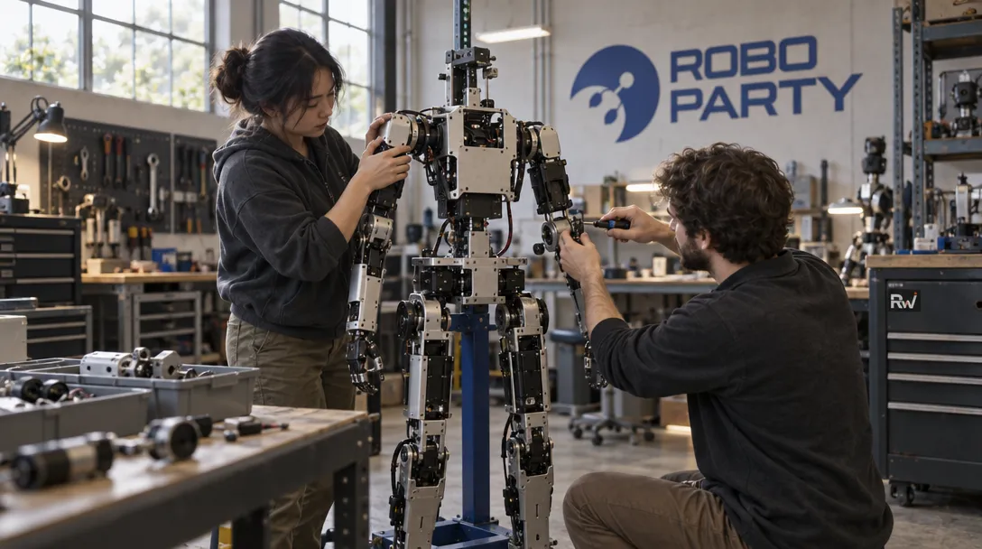 Developers work together on an unfinished humanoid robotics rig beneath a RoboParty sign in a workshop.