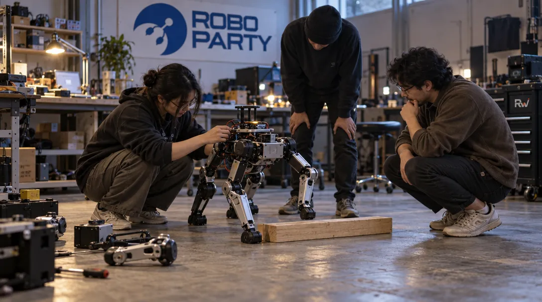 Makers examine a generic robotics prototype and loose components in a workshop beneath a RoboParty sign.